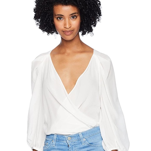 BCBG Bodysuit Black Pleated-Shoulder Faux-wrap - Picture 6 of 9